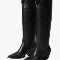 NEW iiimmu Cowgirl Boots Women Knee High Boots Pointed Toe and Block Heel Cowboy Suede and Faux Leather Boots with Embroidered