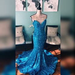 NWT Sparkly Light Blue Mermaid Prom Dress Pageant Gown Formal Dress Military Ball Gala