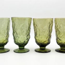 Set of 4 Vintage Avocado Green Textured Glass Goblets - Perfect for Boho Kitchen!