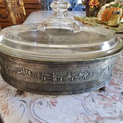 Antique 1920's Pyrex Casserole Dish Etched Lid 183 And Silver Plated Footed Holder