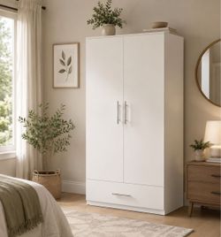 White Two-Door Wardrobe with Bottom Drawer