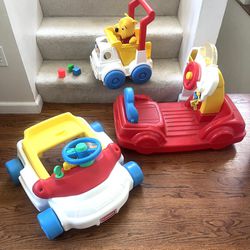 3 Vintage Kids Toys. Push Dump Truck & Shapes, Rocking Car With Popping Ball When “driving” & Sit N Drive Car ($20 Each Or All $45)