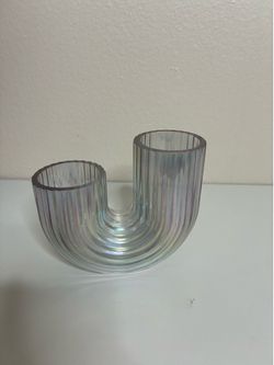 Modern Clear Ribbed / Fluted U-Shaped (or J/U-Bend) Glass Vase / Decorative Sculpture.