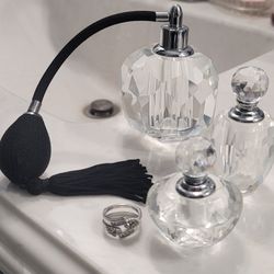 OLEG CASSINI CUT CRYSTAL PERFUME (empty) BOTTLES, SET OF 3.