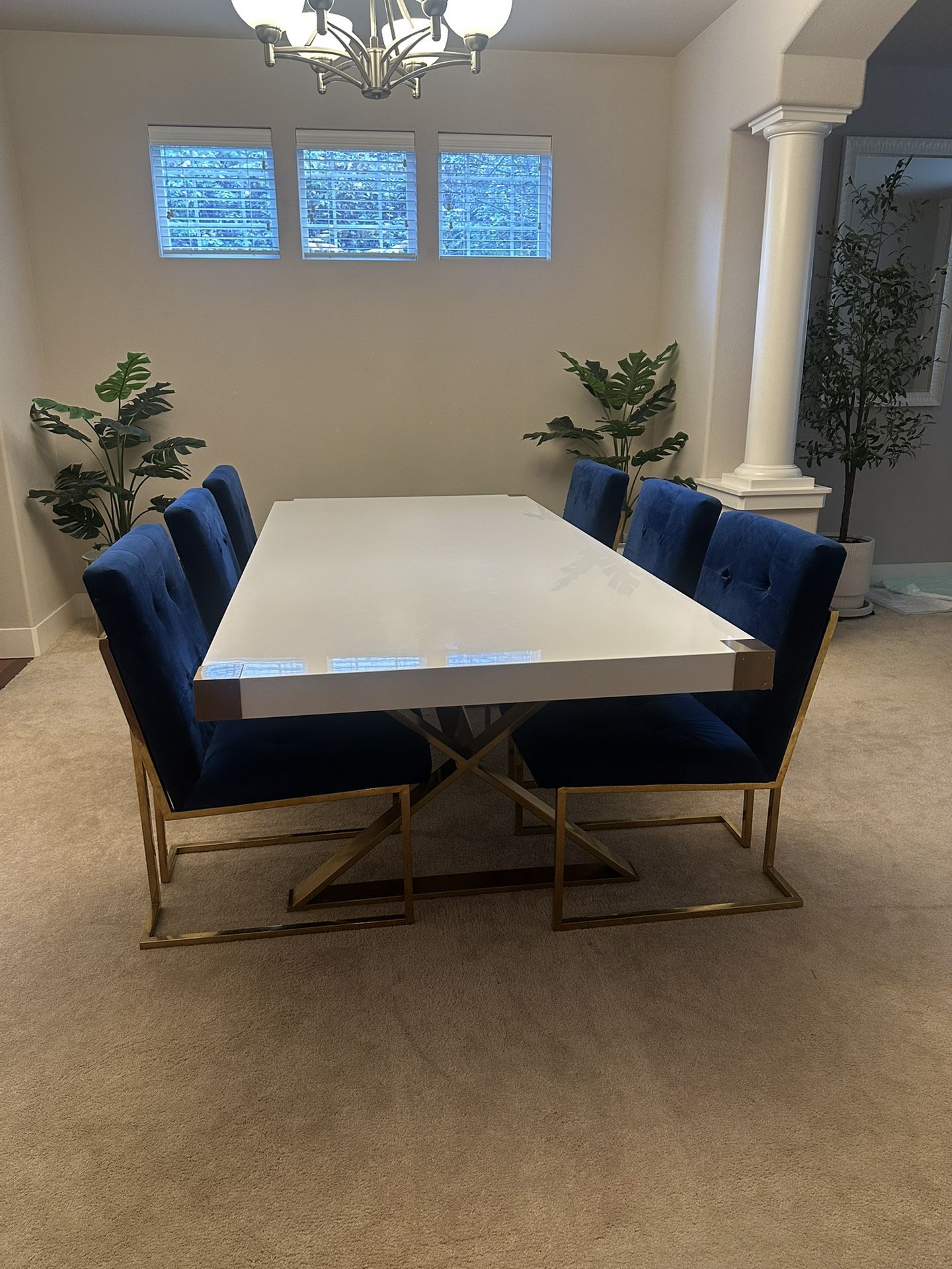 Modern White High Glosss Dinning Table + 7 Navy Velvet Gold Frame Chairs