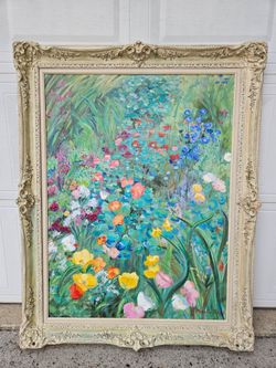 Maudie Huff Large Oil on Canvas Painting Floral Landscape