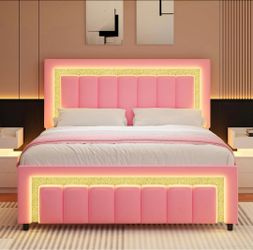 Full Size Bed Frame with LED Lights and Velvet Upholstered Headboard
Adjustable Headboard, Diamond Headboard & Footboard, Wood Slats Support, Noise Fr