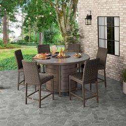 Outdoor patio 7 piece furniture set, counter height fire pit table with 6 chairs 