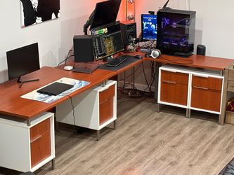 Cherry Wood Large Fully Modular Executive Office Desk – 4 Matching Storage Cabinets