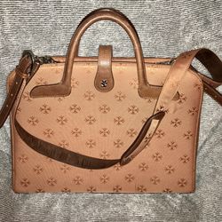 Woman's MOONSUS Laptop Briefcase Tote Purse with Jacquard Print and Brown Leather
