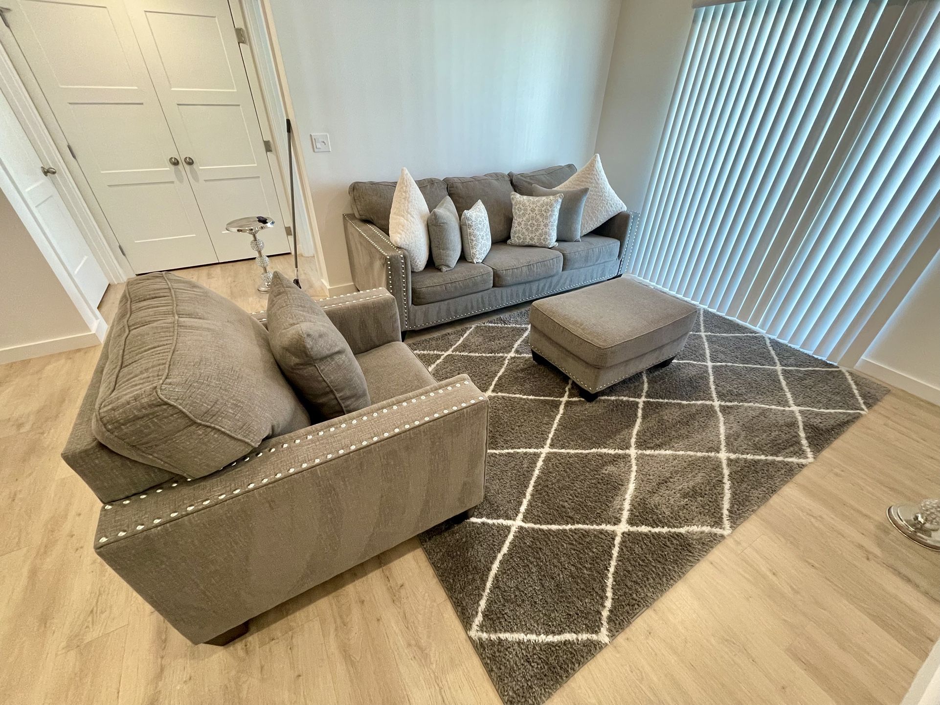 Grey Couch, Set And Loveseat With Ottoman And Rug