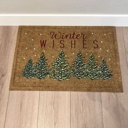36x24 “Winter Wishes” and Trees Natural Coir Christmas Outdoor Doormat- Front Door Holiday Rug 