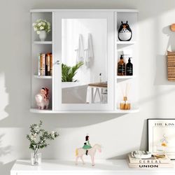 Bathroom Medicine Cabinet, Wall-Mounted or Floor-Standing Storage Cabinet with Mirror Doors