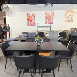 🔥Set of 7🔥Black 61.81 inch Extendable Dining Table with Built-in Storage, Modern Wooden Table with Sturdy Metal Base, Adjustable Tabletop whit Uphol
