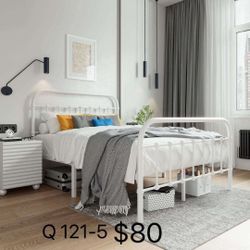 Queen Size Metal Platform Bed Frame, Vintage Style Mattress Foundation, White(121-5)