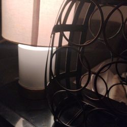 Petite White Porcelain Lamp With Brass Bass and Countertop 6 Bottle Wine Rack