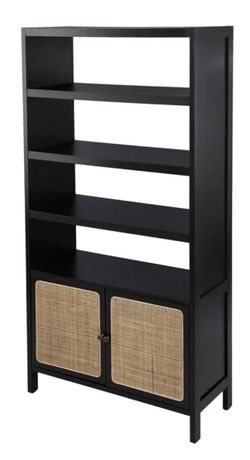 Black & Gold Bookshelf with Rattan Details