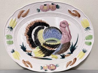 Vintage Thanksgiving TURKEY PLATTER Trimont Majolica His Majesty 19" x 15"