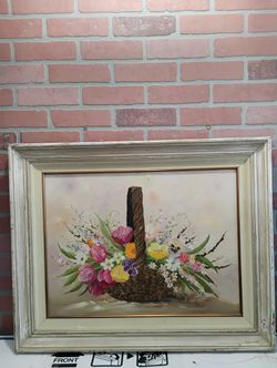 Hand Painted Framed Artwork Floral Basket