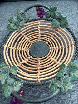 Decorative Wicker and Metal Basket Bowl with Grape and Wicker Design