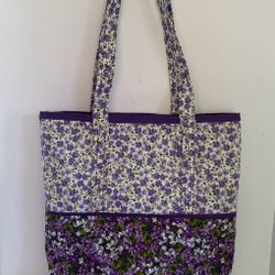 SPRING PURPLE VIOLETS HANDMADE QUILTED TOTE BAG WITH POCKETS 