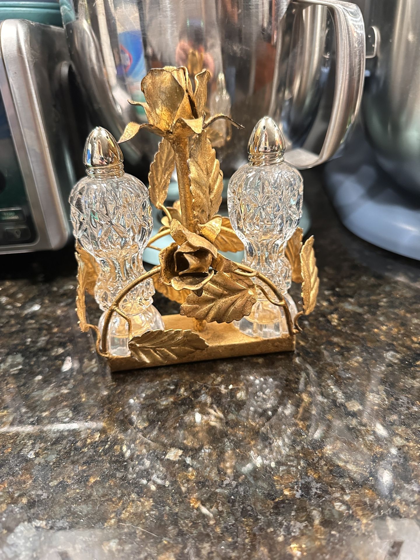 Gold Tole Salt & Pepper Caddy With Crystal Shakers