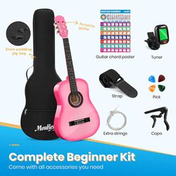 Pink 38” 3/4 Size Sz Acoustic Practice Classical Guitar Beginner Adult Teen Complete Kit Gig Bag Chord Poster Tuner Picks Nylon Strings Capo Strap NIB