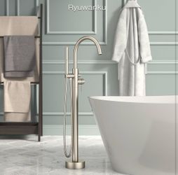 Freestanding Bathtub Faucet Brushed Nickel Tub Filler Floor Mount Free Standing Metal Bathroom Tub Gooseneck Spout with 2 Function Hand Shower
