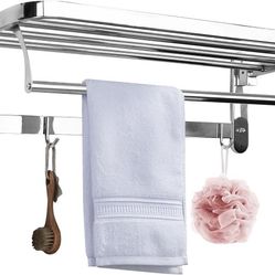 24" Stainless Steel 2-Tier Bathroom Towel Rack Shelf Foldable Adjustable Double Organizer Wall Mounted
