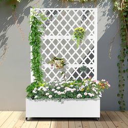 Metal Planter Box with Privacy Screen, White Lattice with Wheels & Drainage Holes, Weatherproof Raised Garden Bed for Climbing Plants, Rust Resistant,