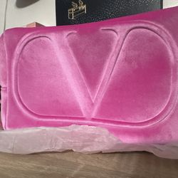 Valentino Beauty Pink Toiletry Bag "V" Logo & Studded Zipper Big Pink Pouch