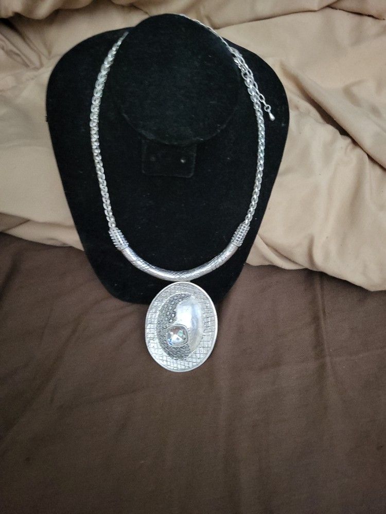 Vintage 1990's Large Bold Chunky Pendant Necklace Silver Tone Chain Oval Pendant With Square Faux Clear Rhinestone Unique Stamped 16x1