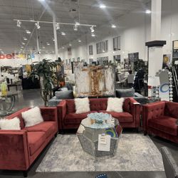 3Pc Living Room Set - Red Velvet . Includes: Sofa, Love Seat & Chair 