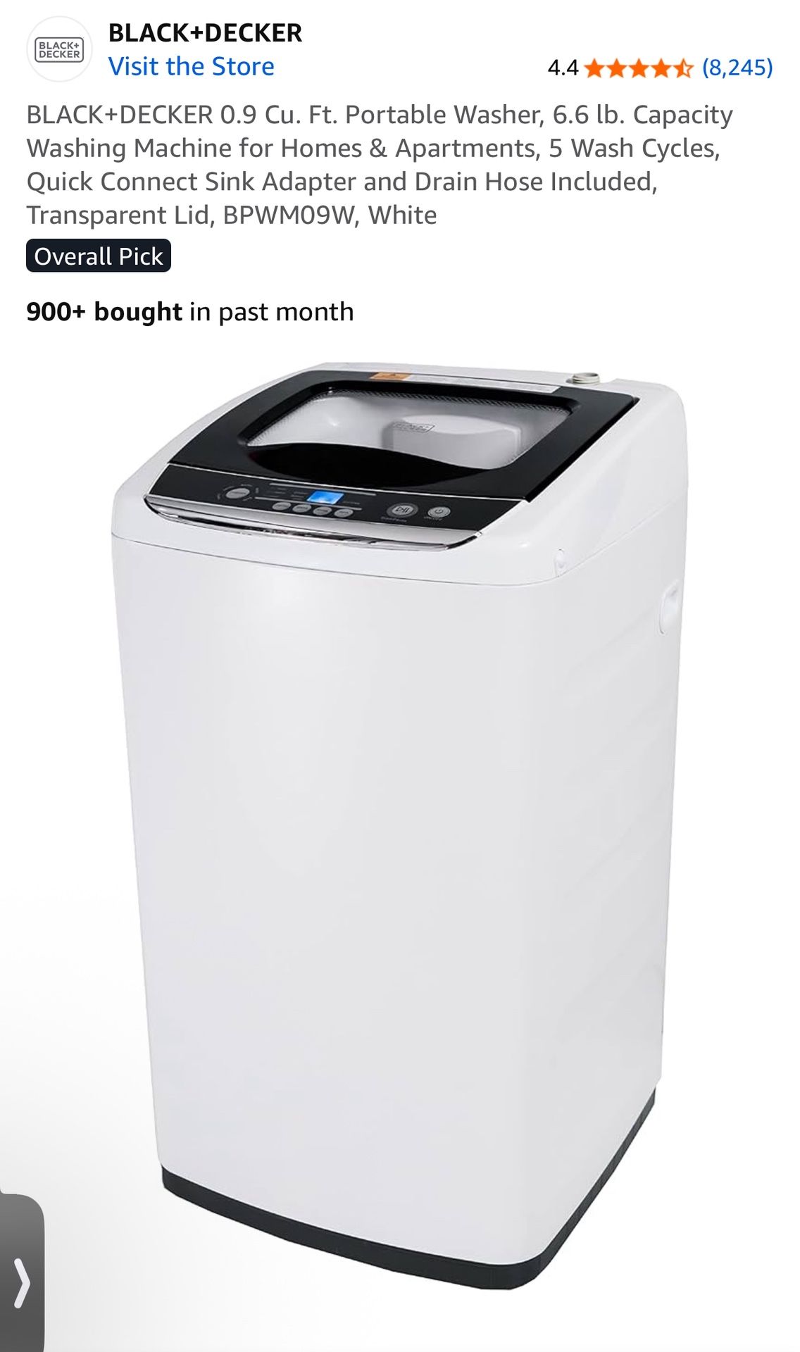 BLACK+DECKER 0.9 Cu. Ft. Portable Washer, 6.6 lb. Capacity Washing Machine for Homes & Apartments, 5 Wash Cycles, Quick Connect Sink Adapter and Drain