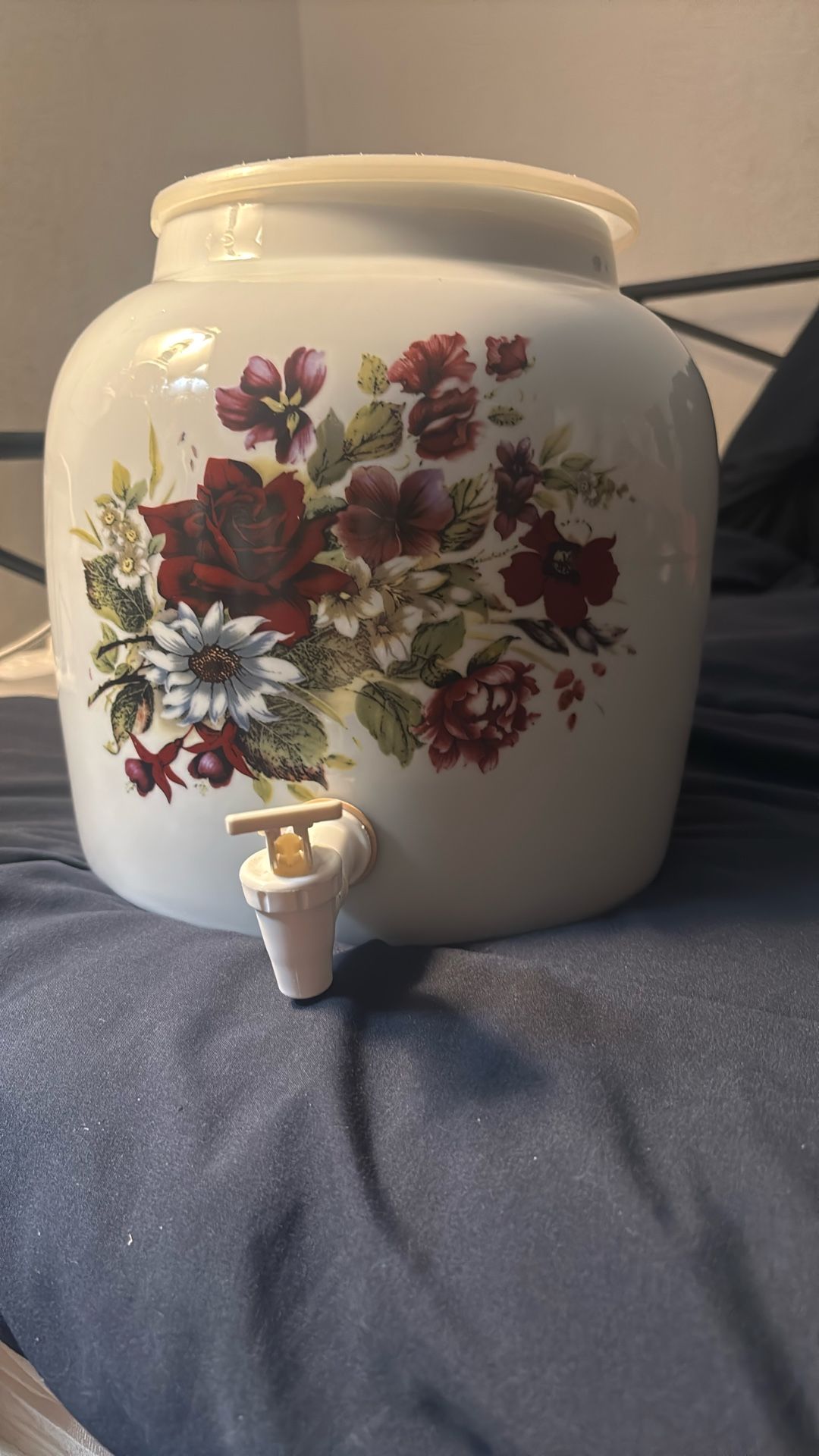 Garden Party Floral Beverage Dispenser Water Cooler Crock Drink Pottery