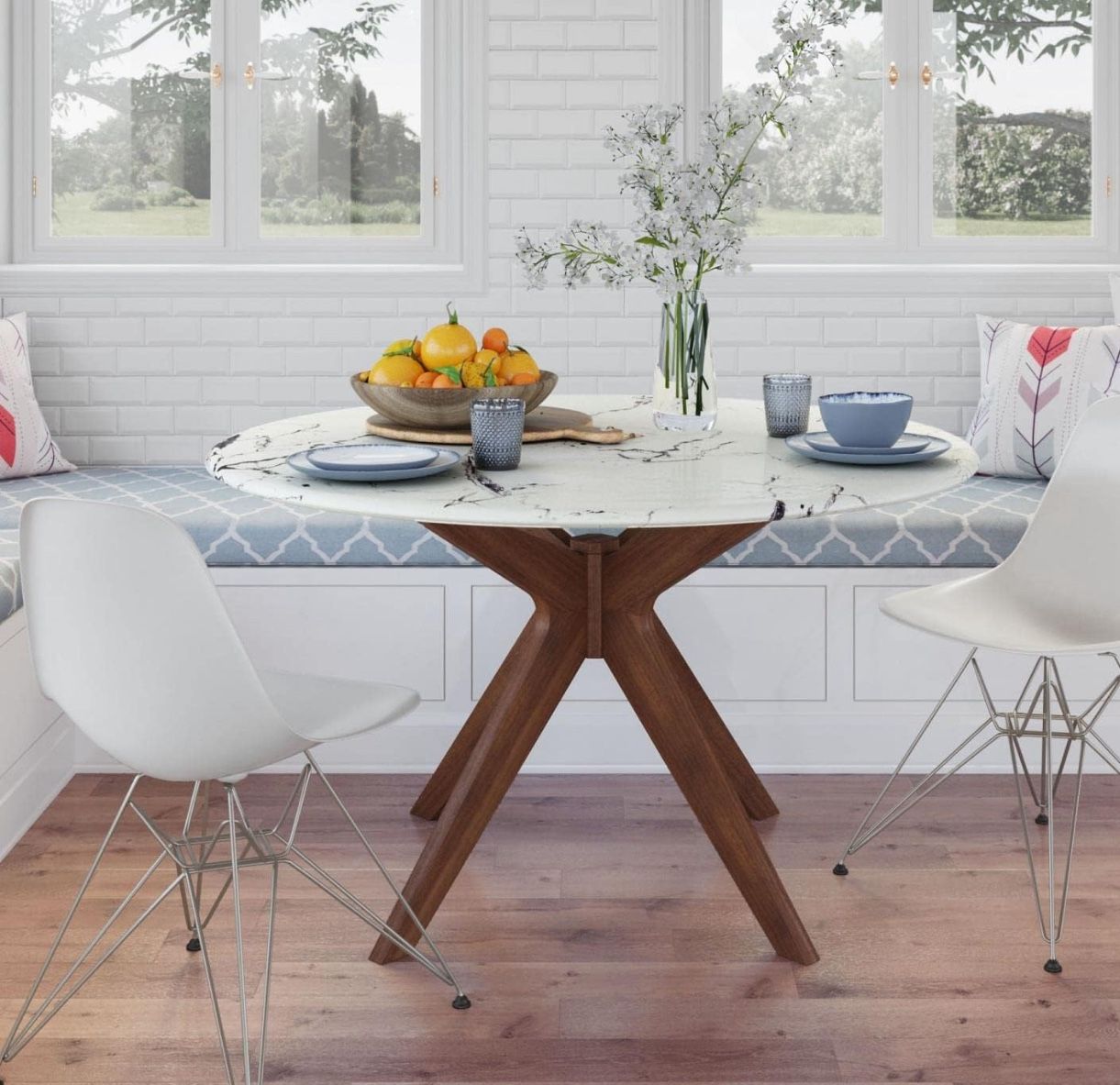Elysian 50 Inch Round Faux Marble Dining Table In Walnut