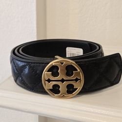 Brand New Black Tory Burch Willa Quilted Belt With Gold Logo Buckle. Size M