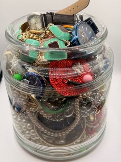 Huge jar of wearable, new and vintage jewelry, including multiple watches, bracelets, earrings, and necklaces