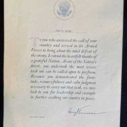 Harry Truman Signed 1945 Post WWII Armed Forces Thank You Letter