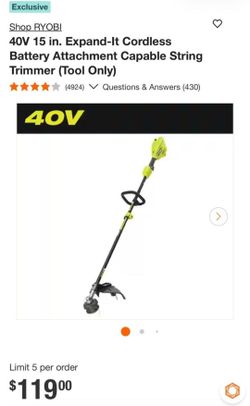 Ryobi 40V 15in Cordless String Trimmer Tool Only