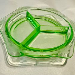 Antique 1930's Vaseline Uranium Depression Glass Relish Hors D'oeuvre Tray Bowl