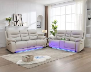 Power electric gray leather fully reclining couch and love seat