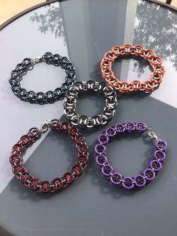 New Chain Maille Bracelets with rubber o-rings and metal rings. Can make to fit, with clasps or not. Has a little stretch