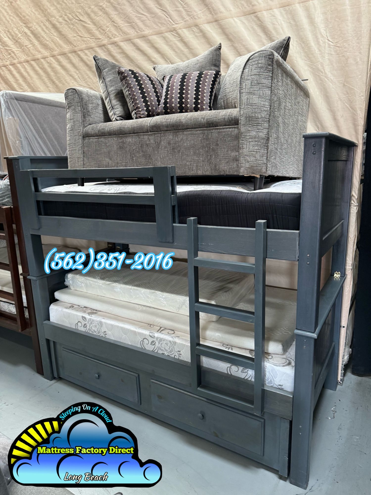 Triple Grey Bunk Bed Twin Size With Trundle Mattresses Included