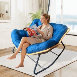  Ultra-Plush Rattan Rocking Chair With Anti-Tip Design, 450LB Capacity Rattan Lounge Chair for Balcony,Living Room,Garden,Patio - Easy Assembly Blue 