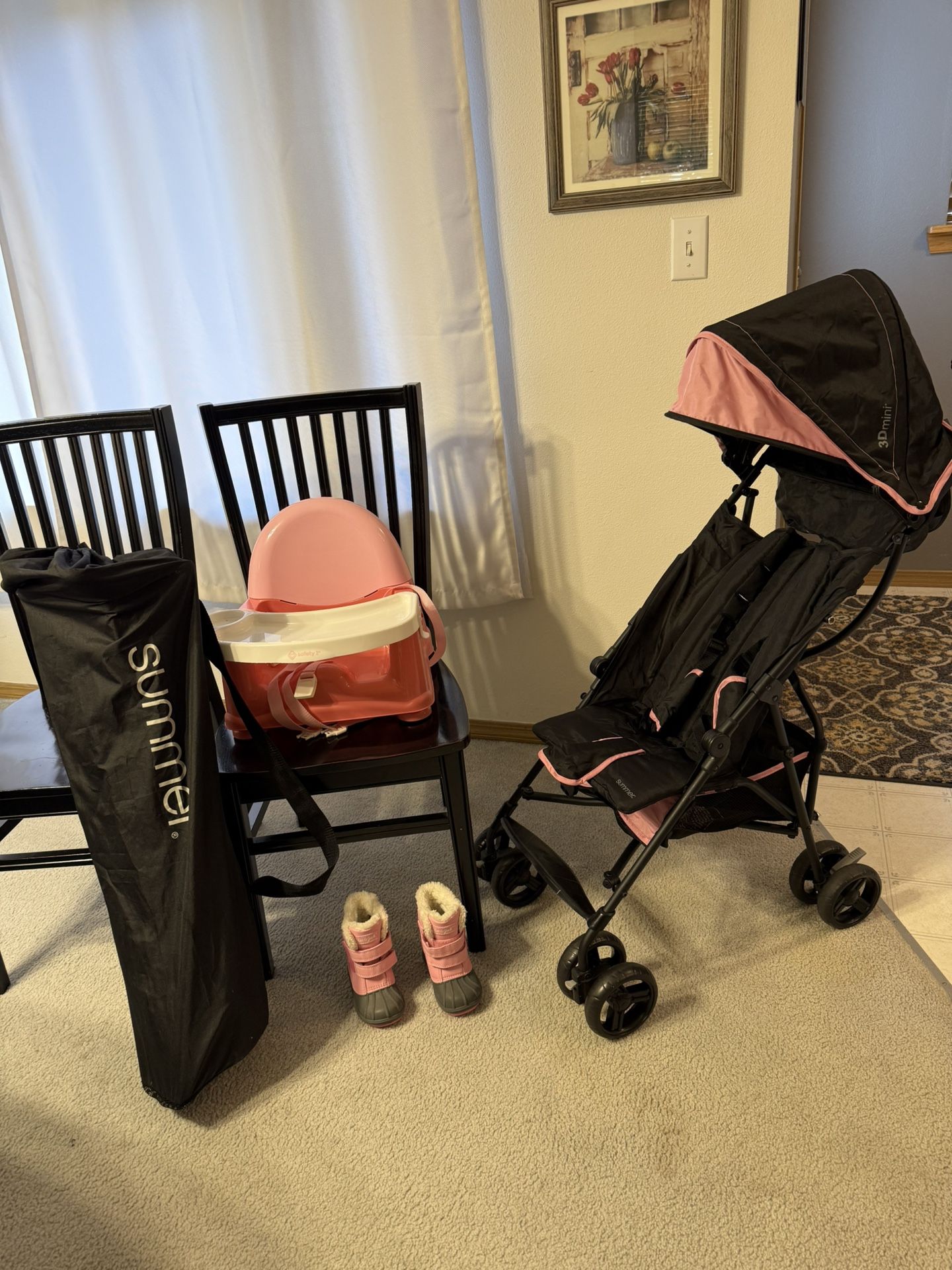 Girl Umbrella Stroller, High Chairs And Snow Boots