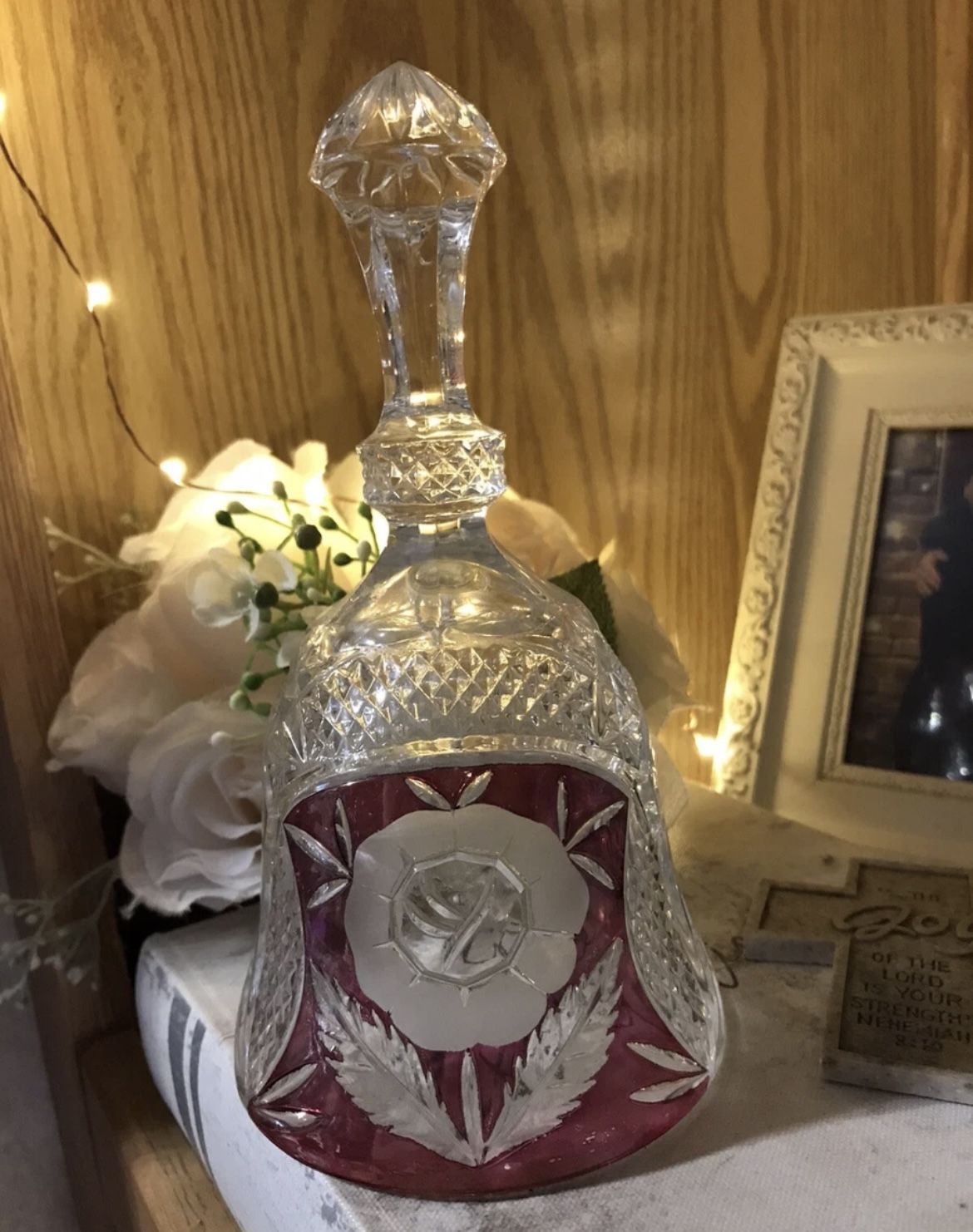 Vintage Hofbauer Pink Rose German Bell Lead Crystal 7.5in Tall