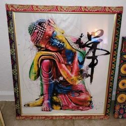 Handmade Large Art Frame. Beautiful Colors/Sitting Monk. OOAK. 26"x22"