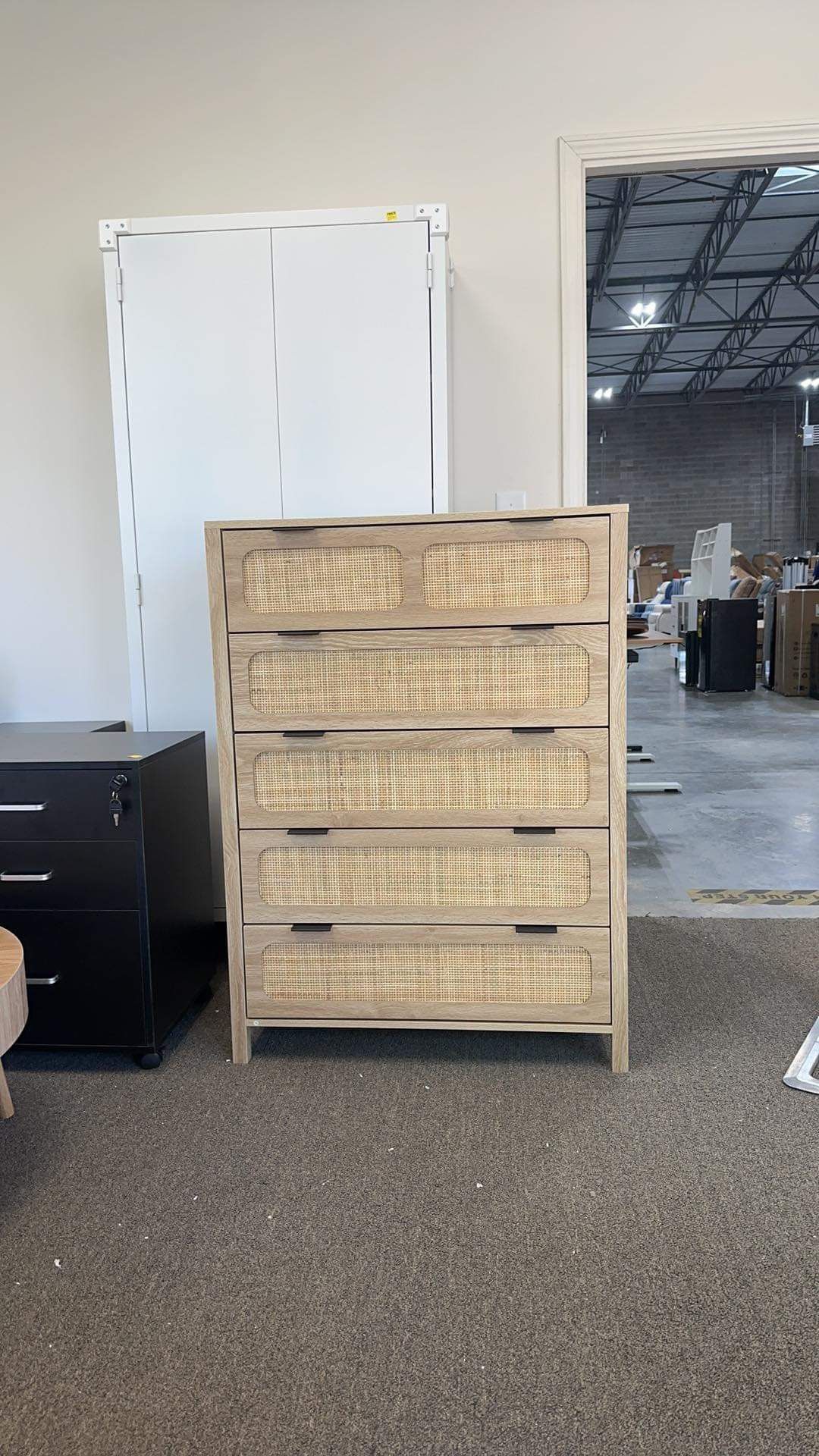 5 Drawer Chest Dresser, Rattan Tall Dresser 5 Chest of Drawers for Bedroom