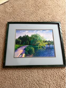 Framed Realistic Park Landscape Print Path Pond Trees Summer Scenery
